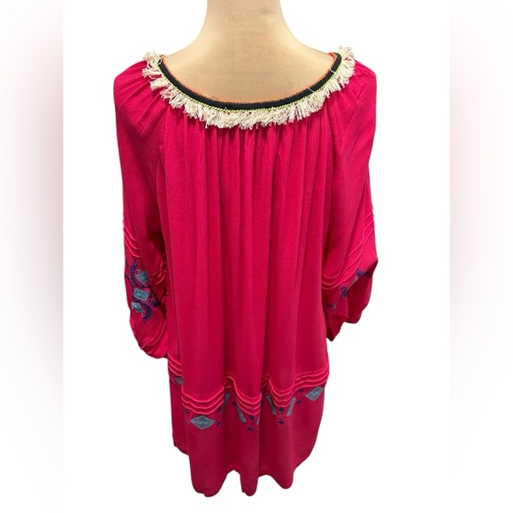 Hayden LA Women's Plus Mini Dress Tunic 1XL Fuchsia Embroidery Tassel Tie Fringe - Picture 7 of 12